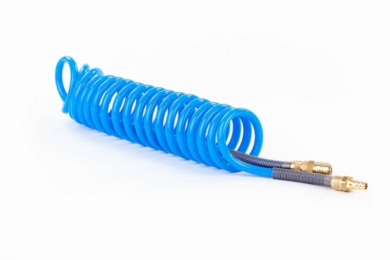 Niebieski wąż spiralny pneumatyczny RQS 12×8 mm z szybkozłączami Rectus 26 – 15 m